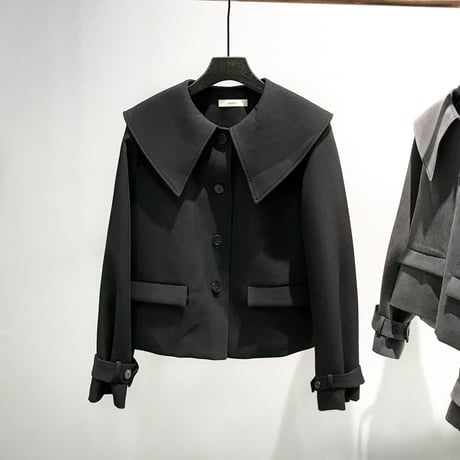大きい襟 ジャケット 袖ベルト 韓国ファッション レディース ビックカラー ショートコート シングルブレスト 長袖 ゆったり 大人可愛い ガーリー DTC-627105316886