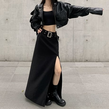 セットアップ 上下セット レザージャケット スリットスカート アウター ロングスカート 長袖 レトロ 韓国ファッション レディース 大人可愛い ガーリー DTC-825934874674