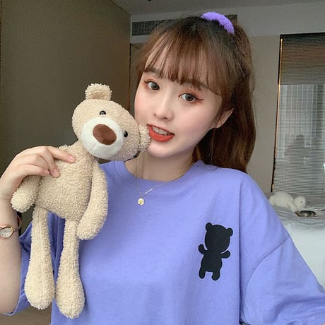 クマちゃん Tシャツ 半袖 ショート丈 韓国ファッション レディース ベアー ホワイト パープル シンプル カットソー ラウンドネック かわいい カジュアル ガーリー 619320885563