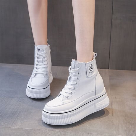 厚底 ハイカットスニーカー 22.0～25.0cm インソール サイドジッパー ファスナー ショートブーツ シューレース カジュアル 韓国ファッション レディース DTC-682592669522
