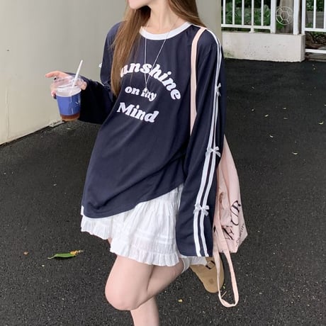 袖ライン リボン tシャツ レタープリント オーバーサイズ ロンt サイドライン トップス 長袖 レトロ 韓国ファッション レディース 大人可愛い ガーリー DTC-798807583548