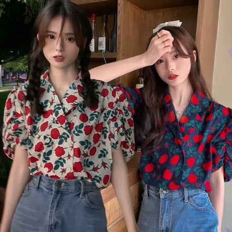 花柄 シャツ パフスリーブ 半袖 薔薇 開き襟 ルーズ レトロ 韓国ファッション レディース 大人可愛い ガーリー フェミニン DTC-647937909050