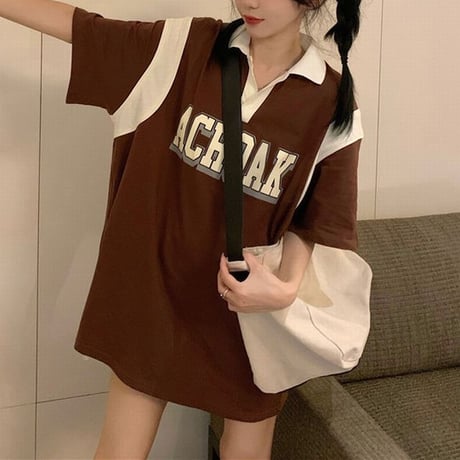 ポロシャツ バイカラー レタープリント オーバーサイズ 半袖 ルーズ 韓国ファッション レディース 大人可愛い ガーリー カジュアル 韓国ストリートファッション DTC-678528798929