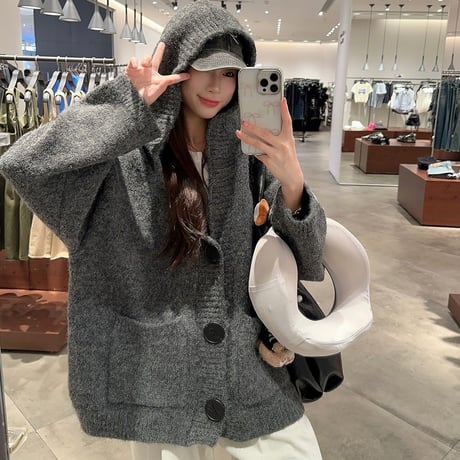 フード付き ニットカーディガン 大きいボタン ニット シングルブレスト ルーズ 長袖 レトロ 韓国ファッション レディース 大人可愛い ガーリー DTC-839806748092
