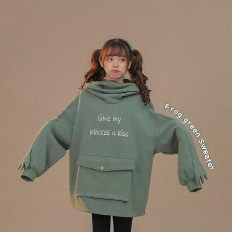 カエル パーカー プルオーバー フード ジップアップ 大きなポケット ルーズ 韓国ファッション レディース ゆったり 防寒 カジュアル ストリートファッション DTC-629331267965
