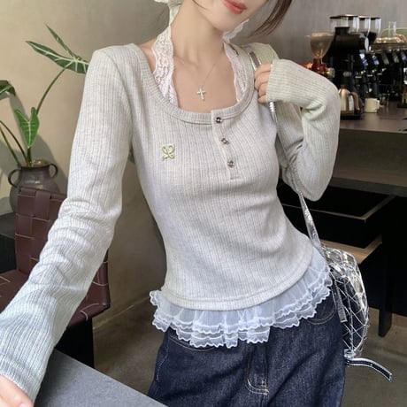 ニット レース ドッキング ヘンリーネック トップス Tシャツ フェイクレイヤード スリムフィット スクエアネック レトロ 韓国ファッション 大人可愛い ガーリー DTC-878983680406