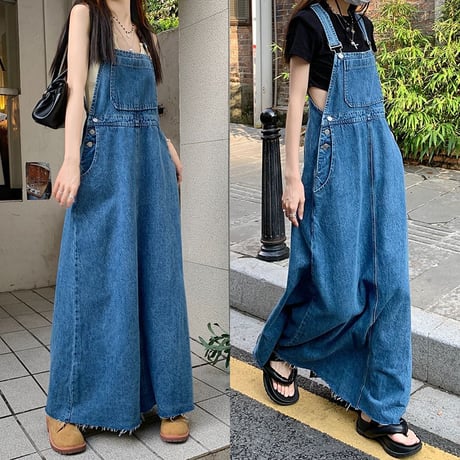デニム ジャンパースカート マキシ丈 ジャンスカ サスペンダースカート ルーズウエスト レトロ 韓国ファッション レディース 大人可愛い ガーリー カジュアル DTC-679082921130
