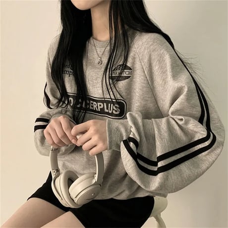 トレーナー スウェット サイドライン ロゴ トップス クルーネック ルーズ ゆったり 長袖 レトロ 大人可愛い ガーリー カジュアル DTCA-843593634855