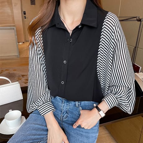 ブラウス ストライプ柄 ランタンスリーブ シフォン 切り替え レイヤード風 ルーズ レトロ 韓国ファッション レディース 大人可愛い ガーリー オフィスカジュアル DTC-642816012866