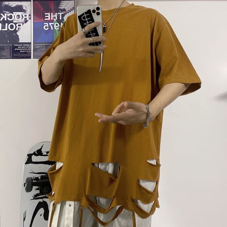ユニセックス tシャツ ダメージ加工 半袖 オーバーサイズ カジュアル 韓国ファッション メンズ レディース ストリートファッション DTC-618883841543