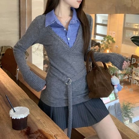 フェイクレイヤード ニット トップス チェック柄  シャツ レイヤードニット トップス スリムフィット 長袖 レトロ 大人可愛い ガーリー DTCA-849279750300