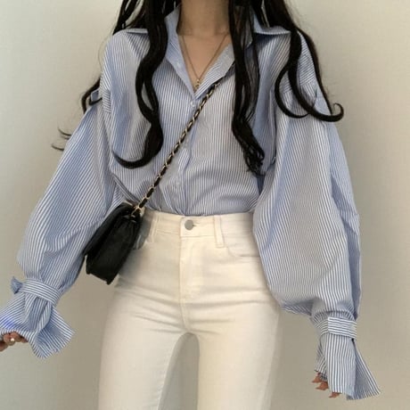 ストライプ柄 ブラウス パフスリーブ 袖ベルト シャツ トップス ルーズ 長袖 レトロ 韓国ファッション レディース 大人可愛い ガーリー DTCA-781970734875