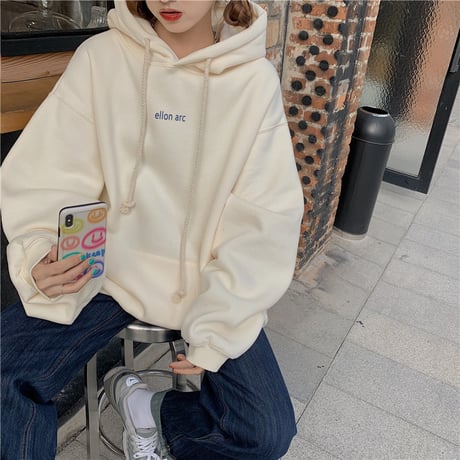 パーカー 裏起毛 プルオーバー ワンポイントロゴ オーバーサイズ 韓国ファッション レディース トップス プラスベルベット カジュアル ストリート系 DTC-656442798473