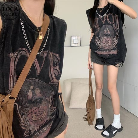 チェーンデザイン タンクトップ ダメージ加工 ウォッシュ加工 ヴィンテージ風 ノースリーブ tシャツ トップス オーバーサイズ レトロ カジュアル ストリート女子 DTCA-795943873261