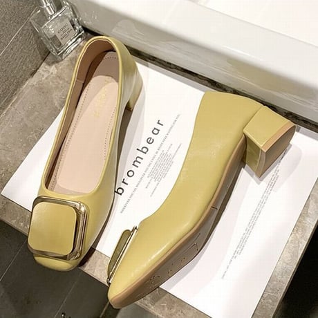 バックル付 パンプス チャンキーヒール 4cm 韓国ファッション レディース シンプル スクエアトゥ シューズ キュート 痛くない かわいい 歩きやすい 610846873186