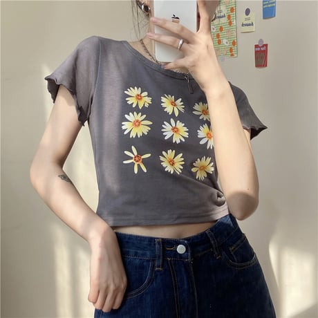 Tシャツ 半袖 袖切りっぱなし ショート丈 フラワー 花 グレー カジュアル レトロ 韓国ファッション レディース 大人可愛い ガーリー DTC-614247121002_gr