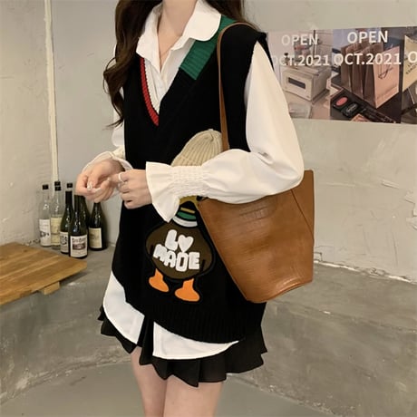 ニットベスト Vネック 不規則デザイン マガモ マルチカラー ルーズ シンプル レトロ 韓国ファッション レディース ガーリー カジュアル DTC-666231453890