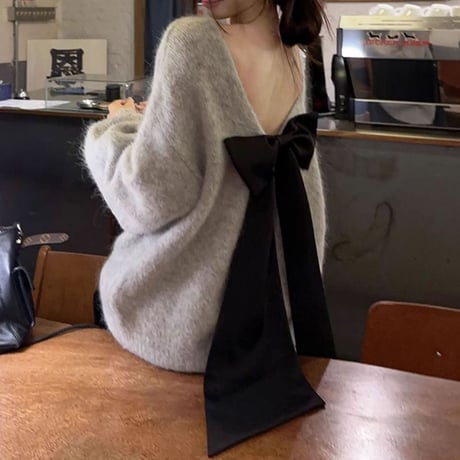 2カラー ニット バックコンシャス バックリボン オープンバック バックレス ルーズ 長袖 レトロ 韓国ファッション レディース 大人可愛い ガーリー DTCA-843523636210