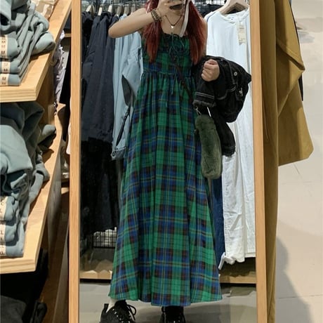 チェック柄 キャミワンピース ロング丈 Aライン ハイウエスト スリングワンピース レトロ 韓国ファッション レディース 大人可愛い ガーリー カジュアル DTC-707350329702