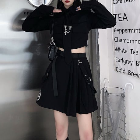 セットアップ ミリタリー風 ショートシャツ プリーツ ミニスカート ネクタイ ベルト 長袖 ハイウエスト レトロ 韓国ファッション レディース ゴシック モード系 DTC-651778269970