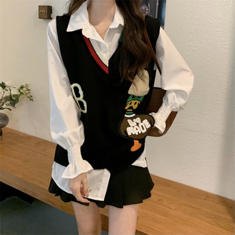 ニットベスト Vネック 不規則デザイン マガモ マルチカラー ルーズ シンプル レトロ 韓国ファッション レディース ガーリー カジュアル DTC-666231453890