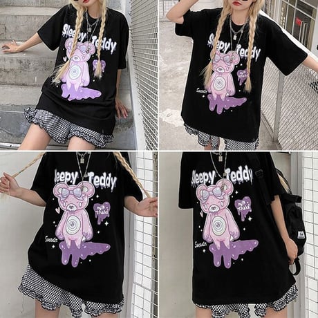 【2カラー】 ユニセックス Tシャツ 半袖 Sleepy Teddy オーバーサイズ カジュアル 韓国ファッション メンズ レディース 韓国ストリートファッション DTC-643729129197