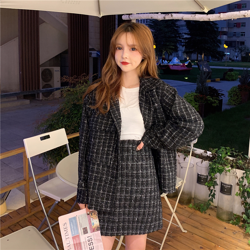 セットアップ チェック柄 ジャケット + スカート 韓国 セットアップ チェック柄 ジャケット + スカート 韓国