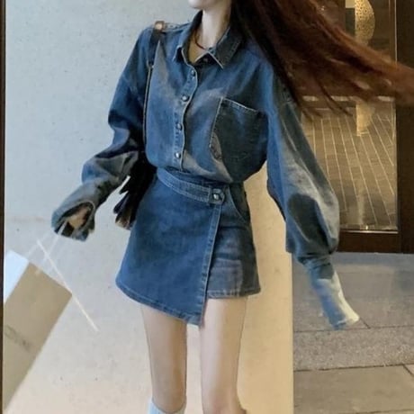 セットアップ 上下セット デニムシャツ デニムスカパン アシンメトリー アシメ ショートパンツ ハイウエスト 長袖 ルーズ レトロ 大人可愛い ガーリー カジュアル DTC-742722493272