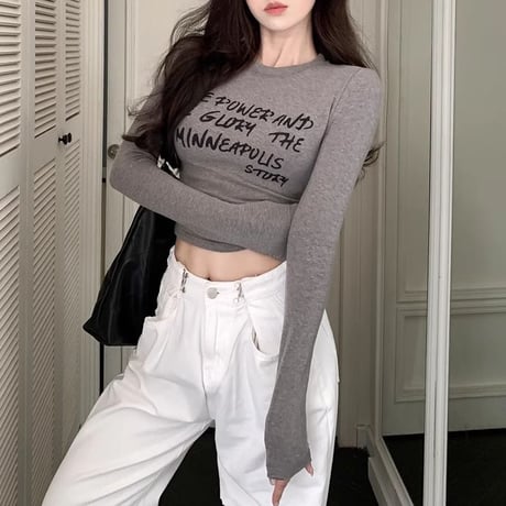 肩パッド付き ロンT スリムフィット ベルベット レタープリント トップス tシャツ ショート丈 長袖 レトロ 韓国ファッション レディース 大人可愛い ガーリー DTCA-845799906745
