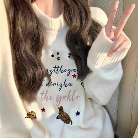 ニット セーター トップス クルーネック プルオーバー ゆったり ルーズ 長袖 レトロ 大人可愛い ガーリー カジュアル DTCA-864928687348