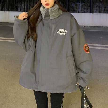 リバーシブル 2way ボアジャケット ボアブルゾン アウター 両面 暖かい 防寒 もこもこ ゆったり レトロ ガーリー カジュアル ストリートファッション DTC-658868200704
