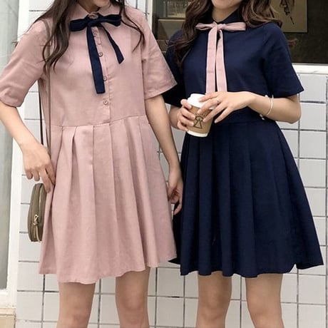 レディース ワンピース プリーツスカート 薄手 ボウタイ リボン ゆったり ガーリー 韓国ファッション (DCT-591685926711)