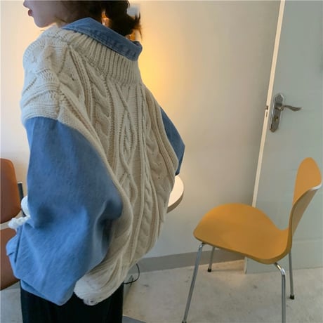 フェイクレイヤード ドッキングトップス デニムシャツ ニットベスト ケーブル編み ルーズ 長袖 韓国ファッション レディース 大人可愛い ガーリー カジュアル DTC-656075758245