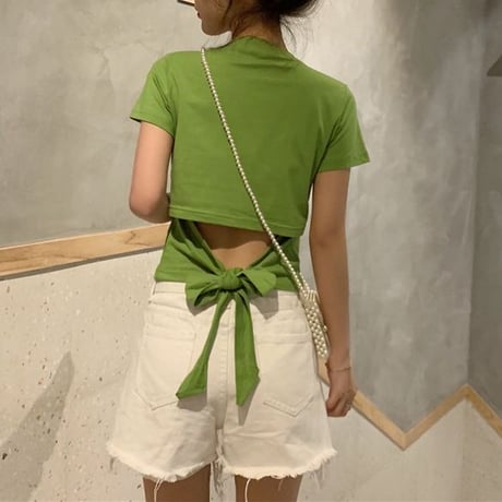 バックリボン tシャツ バックレス ウエスト見せ ショート丈 クルーネック 半袖 トップス レトロ 大人可愛い ガーリー カジュアル DTCA-732666685652