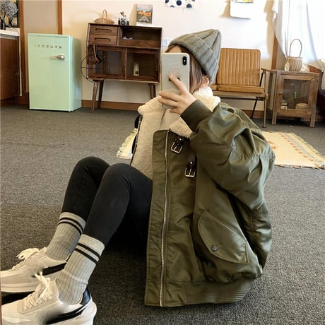 ボアカラーブルゾン MA-1 ネックベルト オーバーサイズ ラムウール 韓国ファッション レディース ジャケット ブルゾン アウター 防寒 ボア カジュアル DTC-628885333328