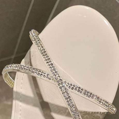 サンダル ラインストーン クロスストラップ 4cm チャンキーヒール ラウンドトゥ 韓国ファッション レディース アンクルストラップ パンプス 痛くない 歩きやすい 613065386326
