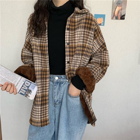裏起毛 チェック柄 シャツ アウター チェックシャツ 長袖 厚手 暖かい レトロ 韓国ファッション レディース  カジュアル もこもこ ゆったり ボア おしゃれ DTC-658487637007