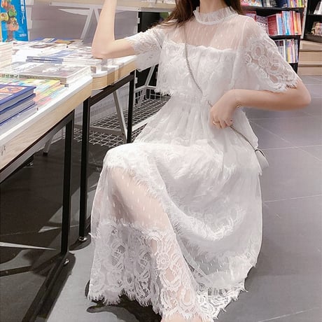 総レース シフォンワンピース ハイウエスト ラウンドネック レースワンピース フェミニン 韓国ファッション レディース 大人可愛い ガーリー DCT-593815603770