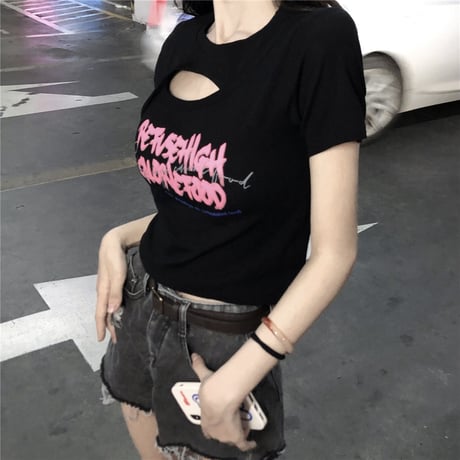 Tシャツ 胸開き クロップド丈 半袖 ショート丈 クロップドTシャツ 半袖Tシャツ 韓国ファッション レディース 大人可愛い ガーリー カジュアル DTC-678892552100