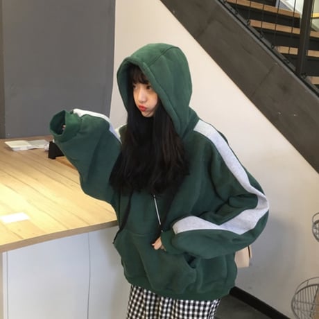 袖ライン パーカー 韓国ファッション レディース ドロップショルダー アウター ゆったり 長袖 春 秋 冬 大人カジュアル 韓国 オルチャンファッション (DTC-605612506136)