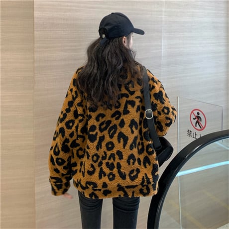 レオパード ボア プルオーバー ハーフジップ ラムウール 韓国ファッション レディース トップス ヒョウ柄 フリース もこもこアウター 大人カジュアル DTC-629477775602