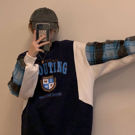 トレーナー 袖ファー チェック ボリューム オーバーサイズ 韓国ファッション レディース スウェット ラウンドネック 長袖 ゆったり 大人可愛い ガーリー DTC-628549468117