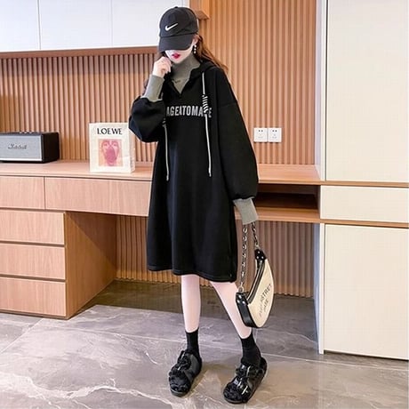 フェイクレイヤード パーカー プルオーバー 裏起毛 ロング丈 フード付き スウェット ワンピース ルーズ 長袖 秋 冬 レトロ 大人可愛い ガーリー カジュアル DTC-749423286319