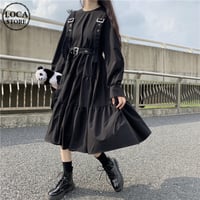サスペンダーストラップ付き ワンピース リボンスリーブ クルーネック ハイウエスト 長袖 韓国ファッション レディース 大人可愛い ガーリー DTCA-649488736694