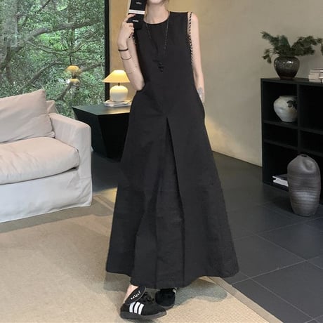 ノースリーブ ワンピース ハイウエスト Aライン プリーツ ロングワンピース レトロ 韓国ファッション レディース 大人可愛い ガーリー DTC-799805323009