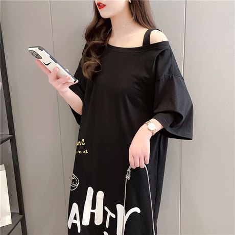 Tシャツ ワンピース オフショルダー ワンショルダー ゆったり 半袖 ロング丈 レトロ 韓国ファッション レディース 大人可愛い ガーリー カジュアル DTC-643529650399