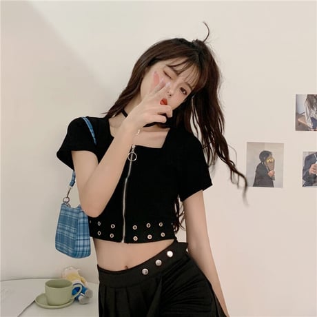 クロップド丈 Tシャツ フロントファスナー ジップアップ トップス ショート丈 スクエアネック 半袖 へそ出し 韓国ファッション レディース カジュアル DTC-674971025180