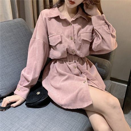 コーデュロイシャツ コーデュロイ シャツワンピース ベルト付き 長袖 ゆったり 韓国ファッション レディース カジュアル 大人カジュアル 大人可愛い ガーリー DTC-602944254740