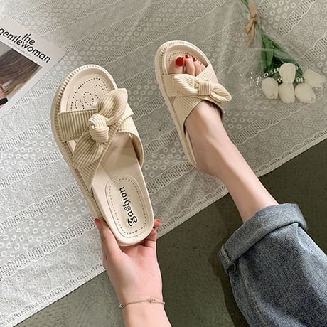 クロスデザイン リボン 厚底サンダル 22.5～25.0cm スリッパ サンダル オープントゥ フラットヒール 厚底 美脚効果 韓国ファッション レディース DTC-640513581984