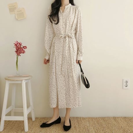 レディース ドット柄 カシュクールワンピース 春 レトロ 長袖 Vネック シャツワンピース 韓国ファッション オルチャン (DCT-584482879562)